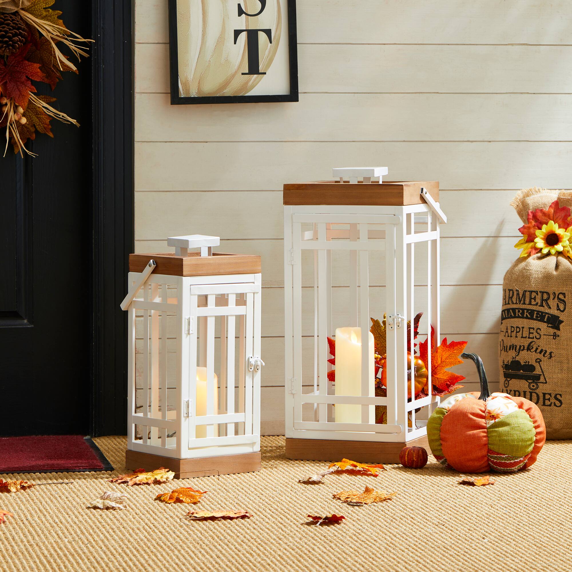 Glitzhome® White Modern Square Metal & Wood Lanterns Set